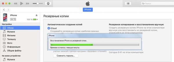 Окно процесса восстановления iPhone
